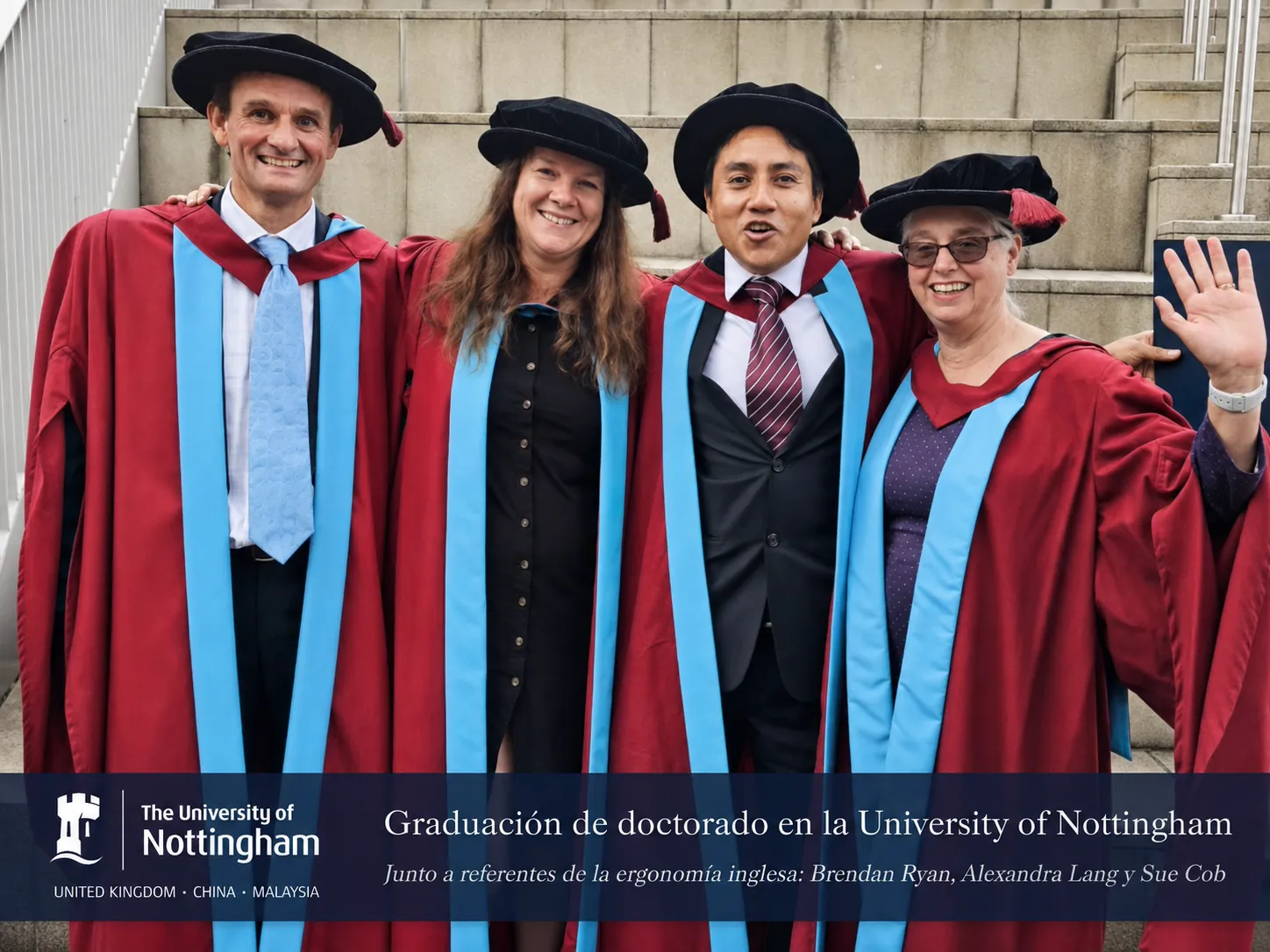 Dr. Manuel Escobar durante su graduación doctoral en la University of Nottingham junto a Brendan Ryan, Alexandra Lang y Sue Cobb