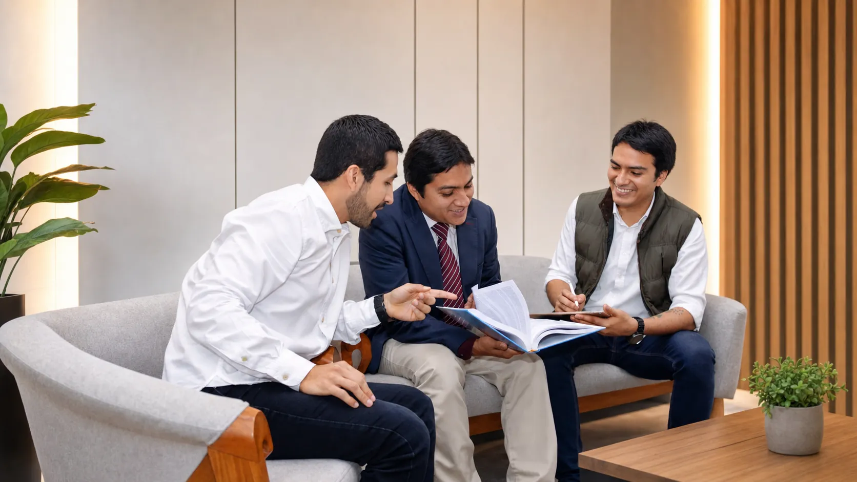Equipo MERGO conversando y revisando documentación técnica en una reunión de trabajo