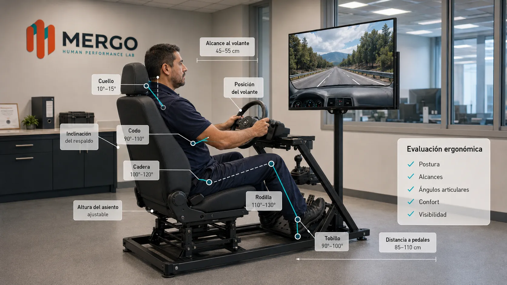 Evaluación ergonómica de un trabajador en simulador de conducción con análisis de postura, alcances y ángulos articulares
